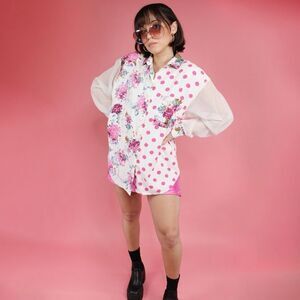 Vintage 80's Erica Simmone Sheer Sleeves Pink and White Button Down